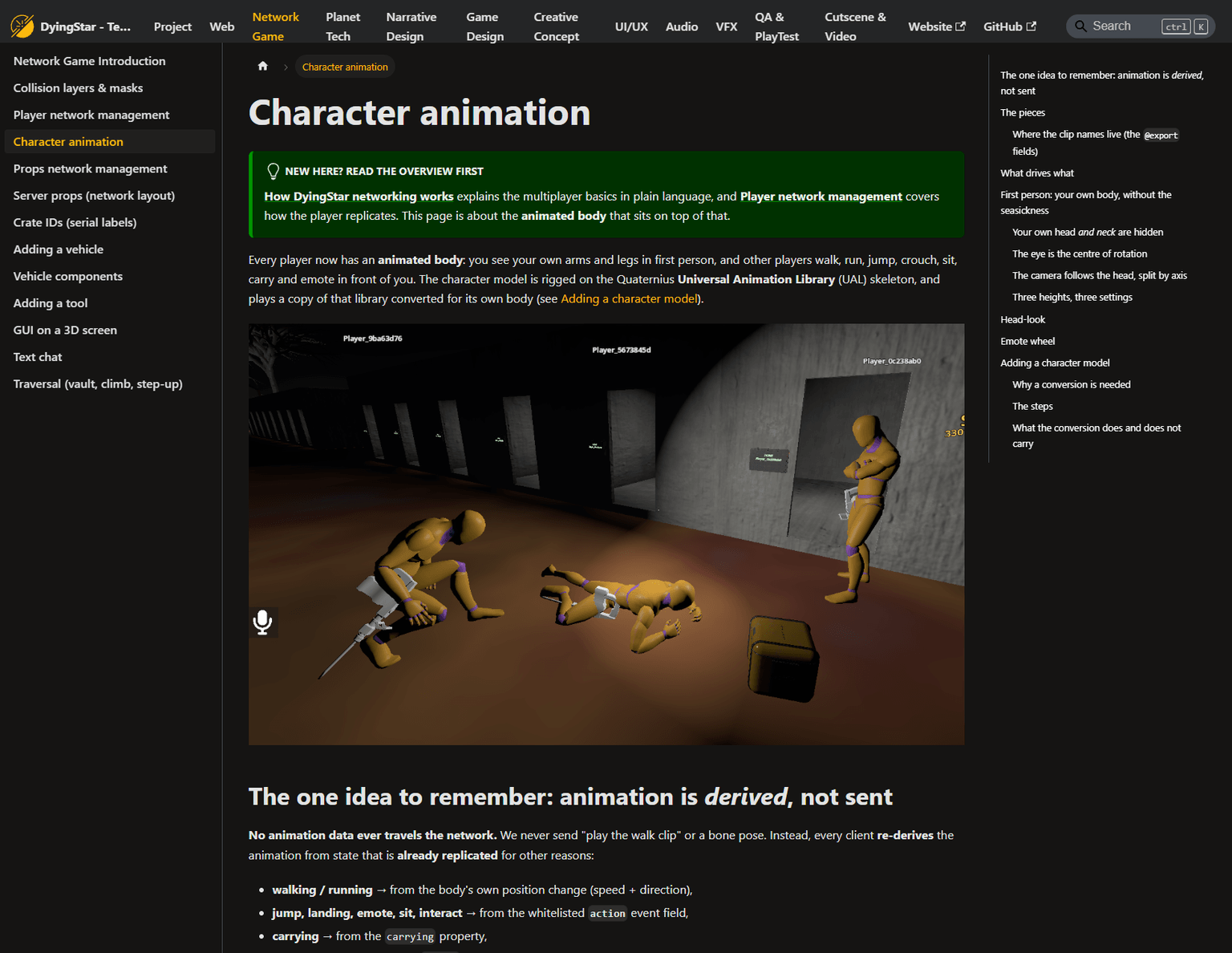 Technical documentation page about character animation